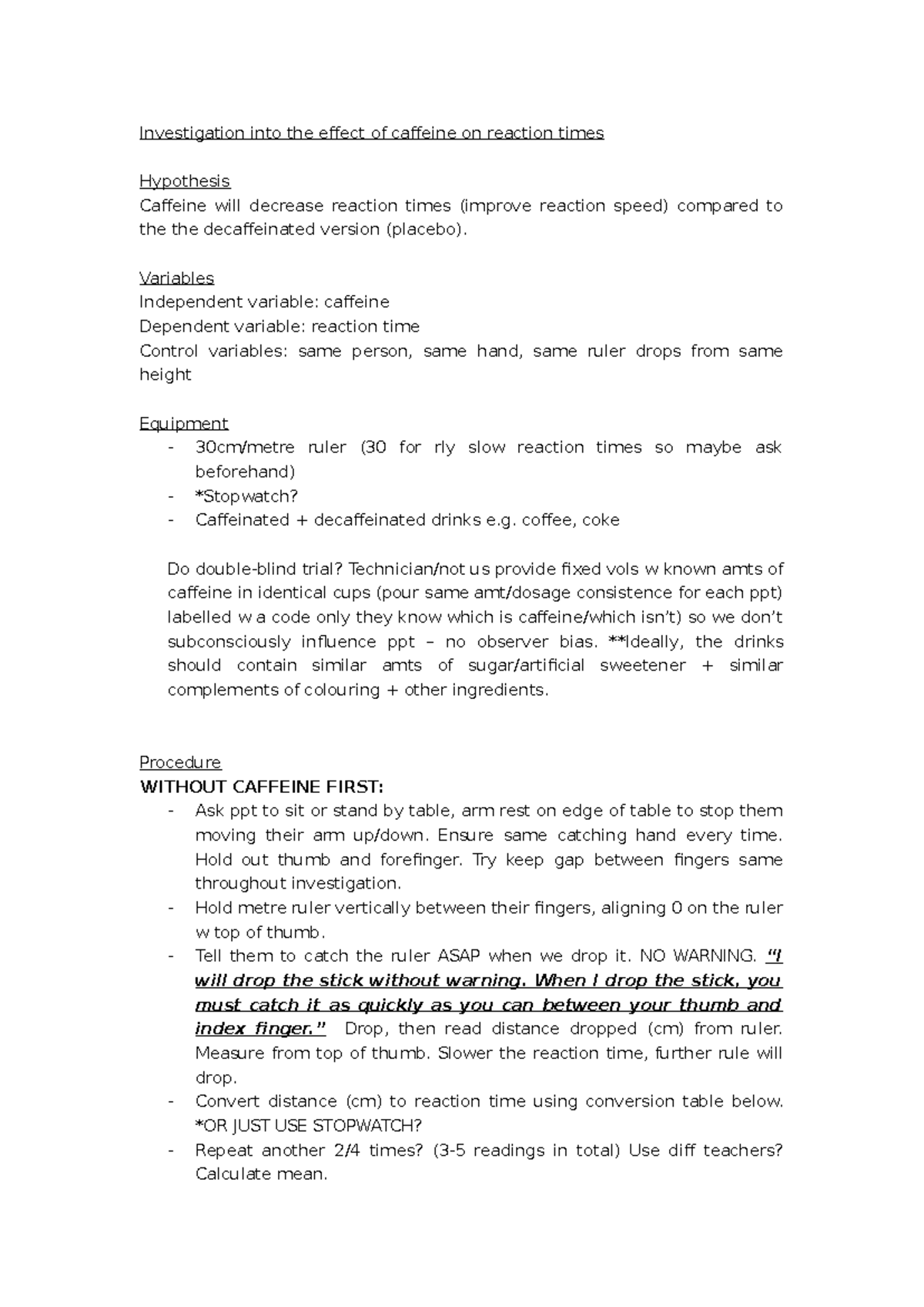Caffeine Effects on Reaction Times: Investigation & Procedures - Studocu