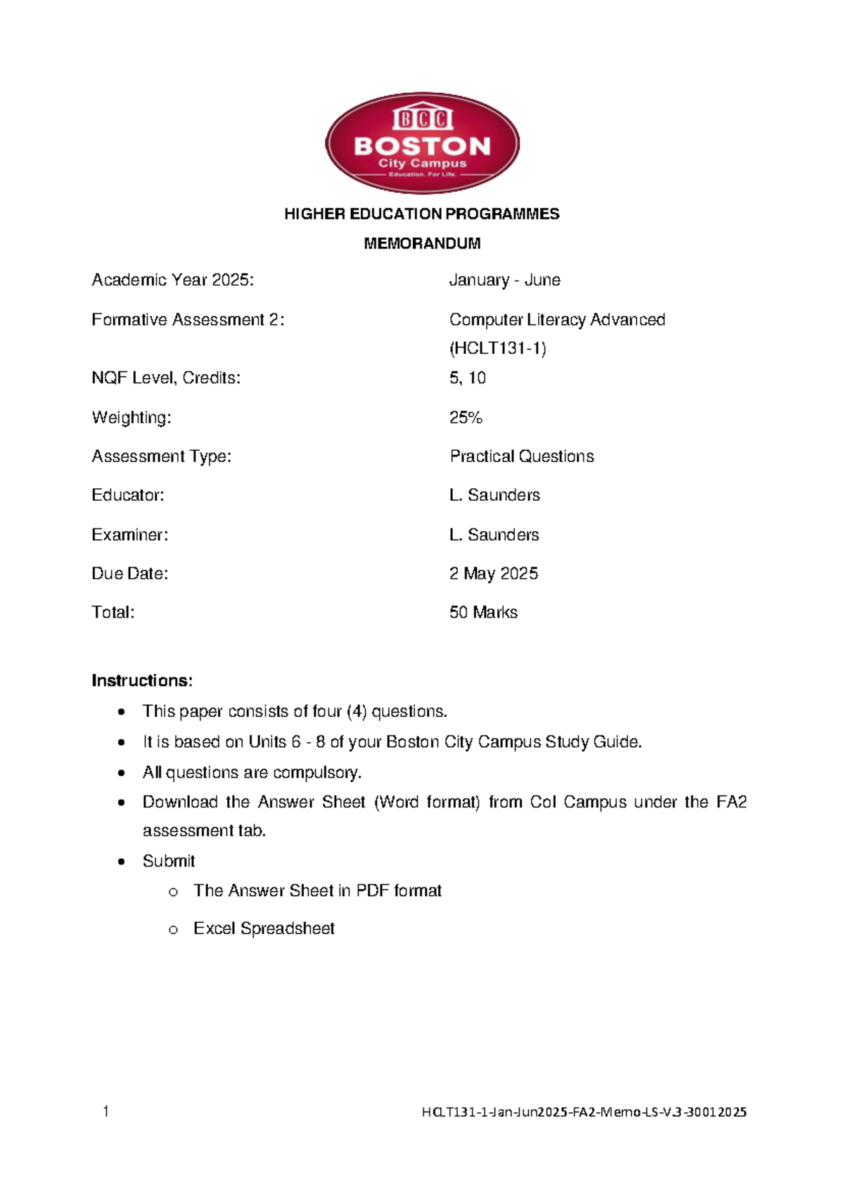 HCLT131 FA2 Memo: Computer Literacy Advanced Jan-June 2025 - Studocu