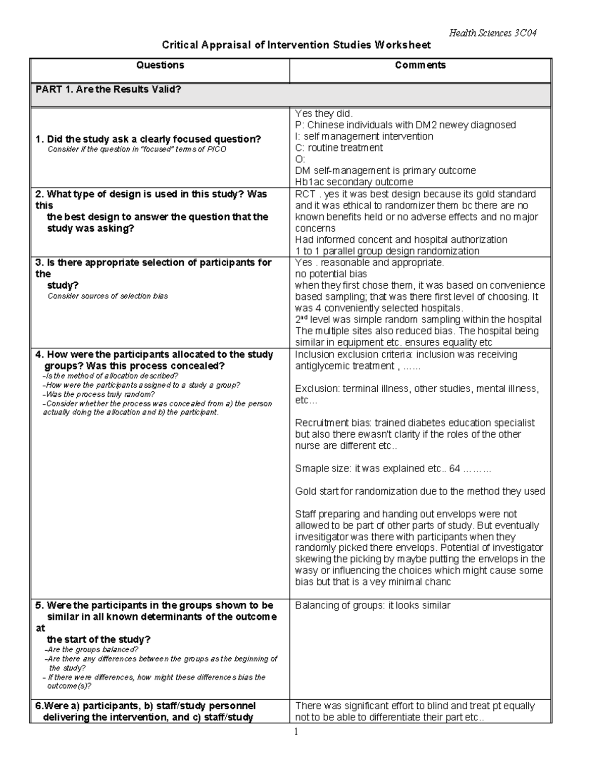 Critical Appraisal Worksheet week 5 DM Yu article(Intervention Studies ...