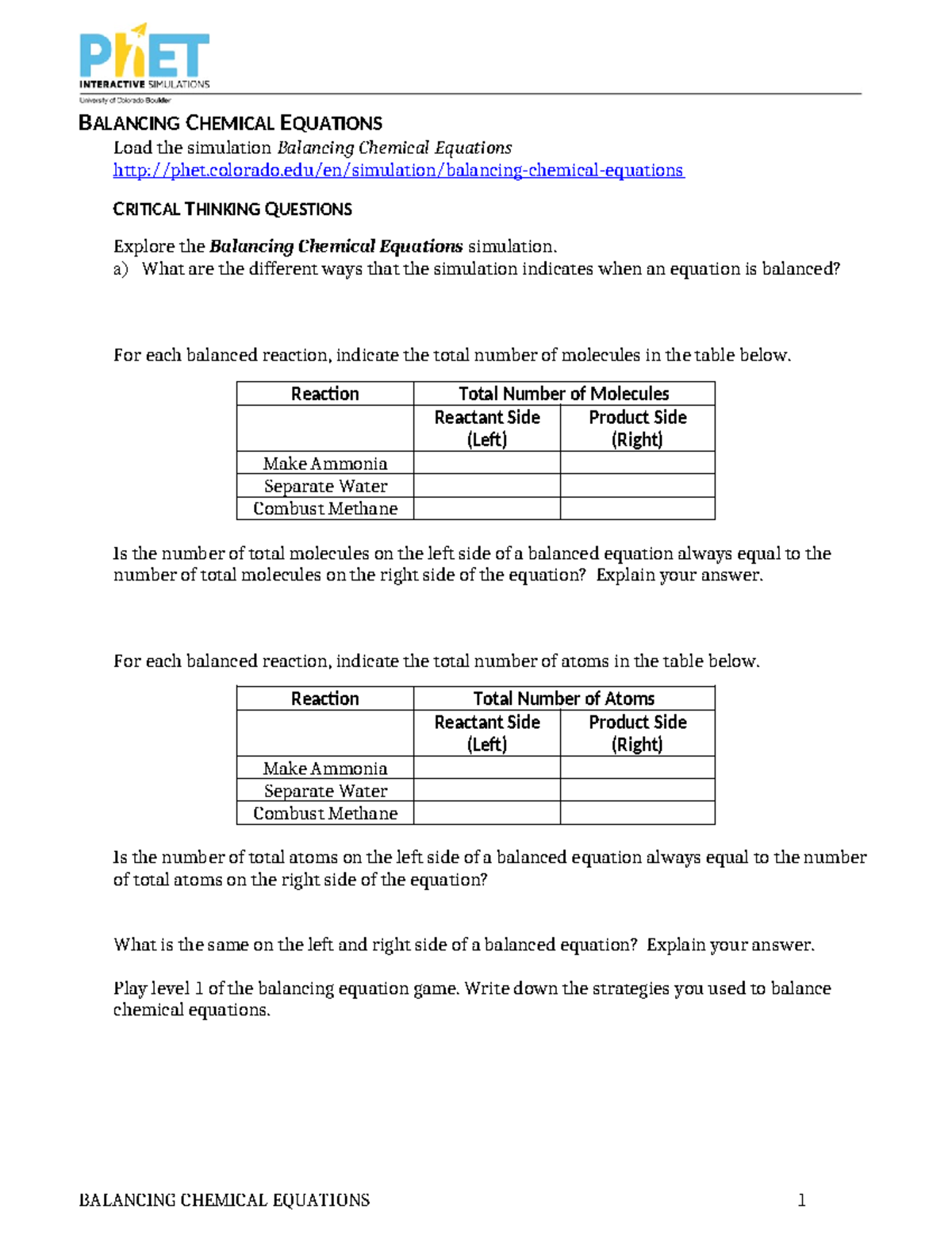 Guided Inquiry on Balancing Chemical Equations - Corrected Version ...