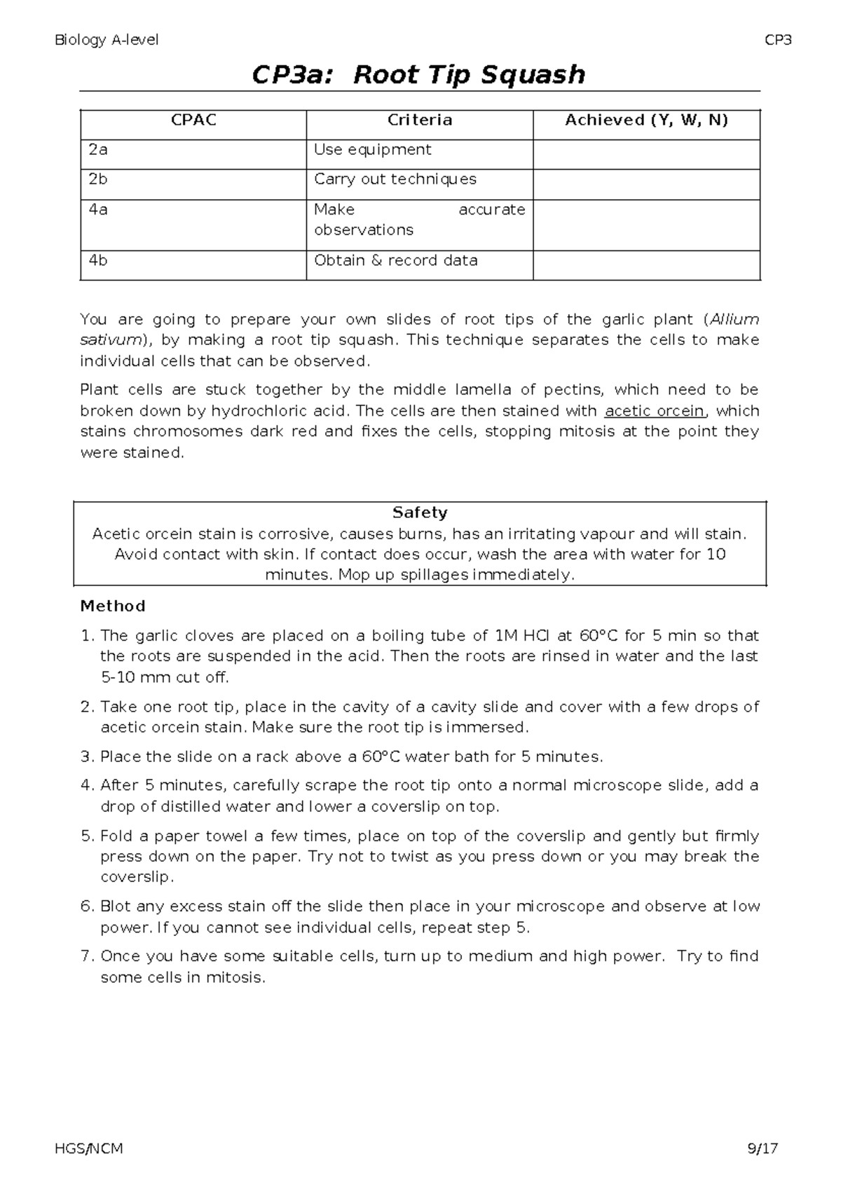 CP3 Root Tip Mitosis: Slide Preparation & CPAC Criteria Guide - Studocu