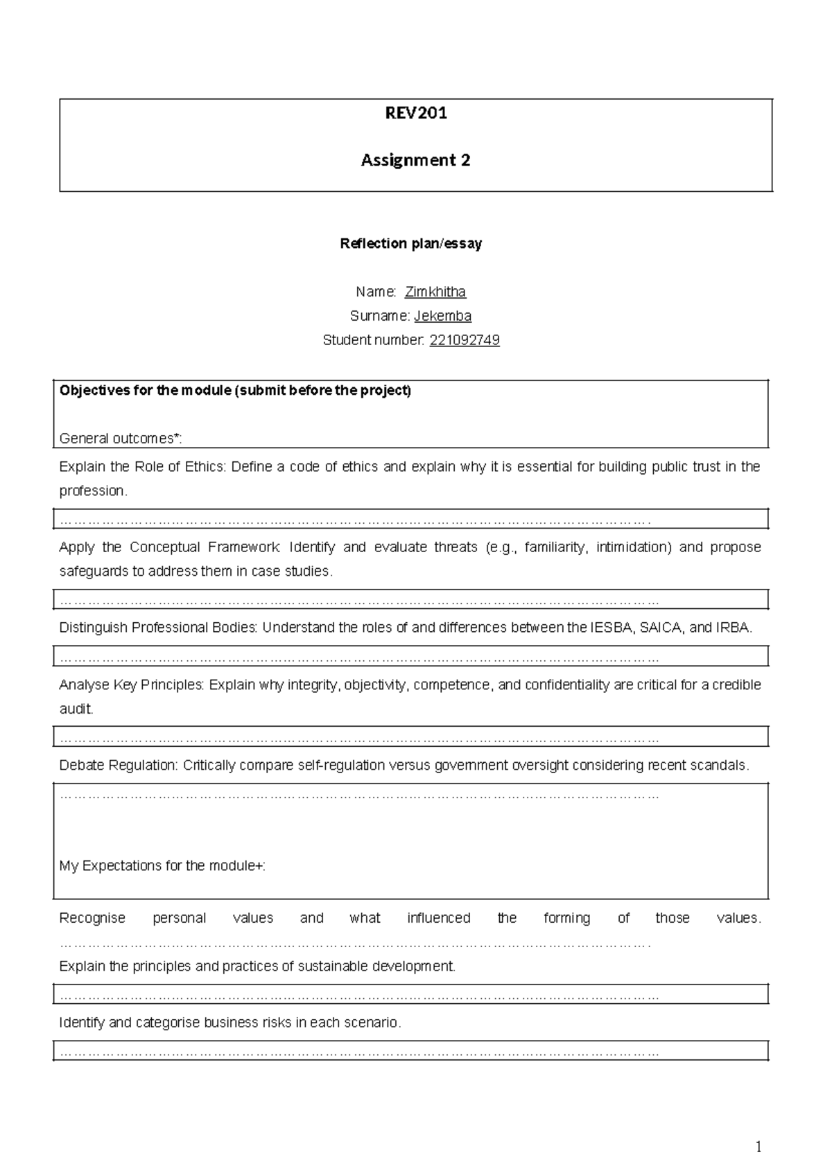REV201 Assignment 2 - Reflective Essay on Ethics and Values - Studocu