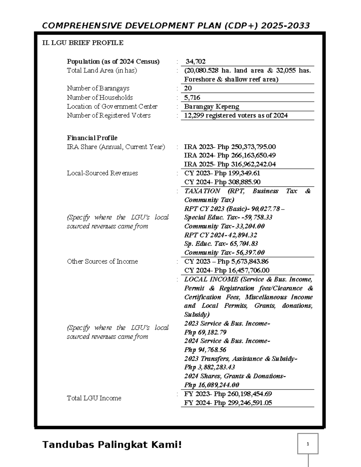 Comprehensive Development Plan II: LGU Profile & Financial Overview ...
