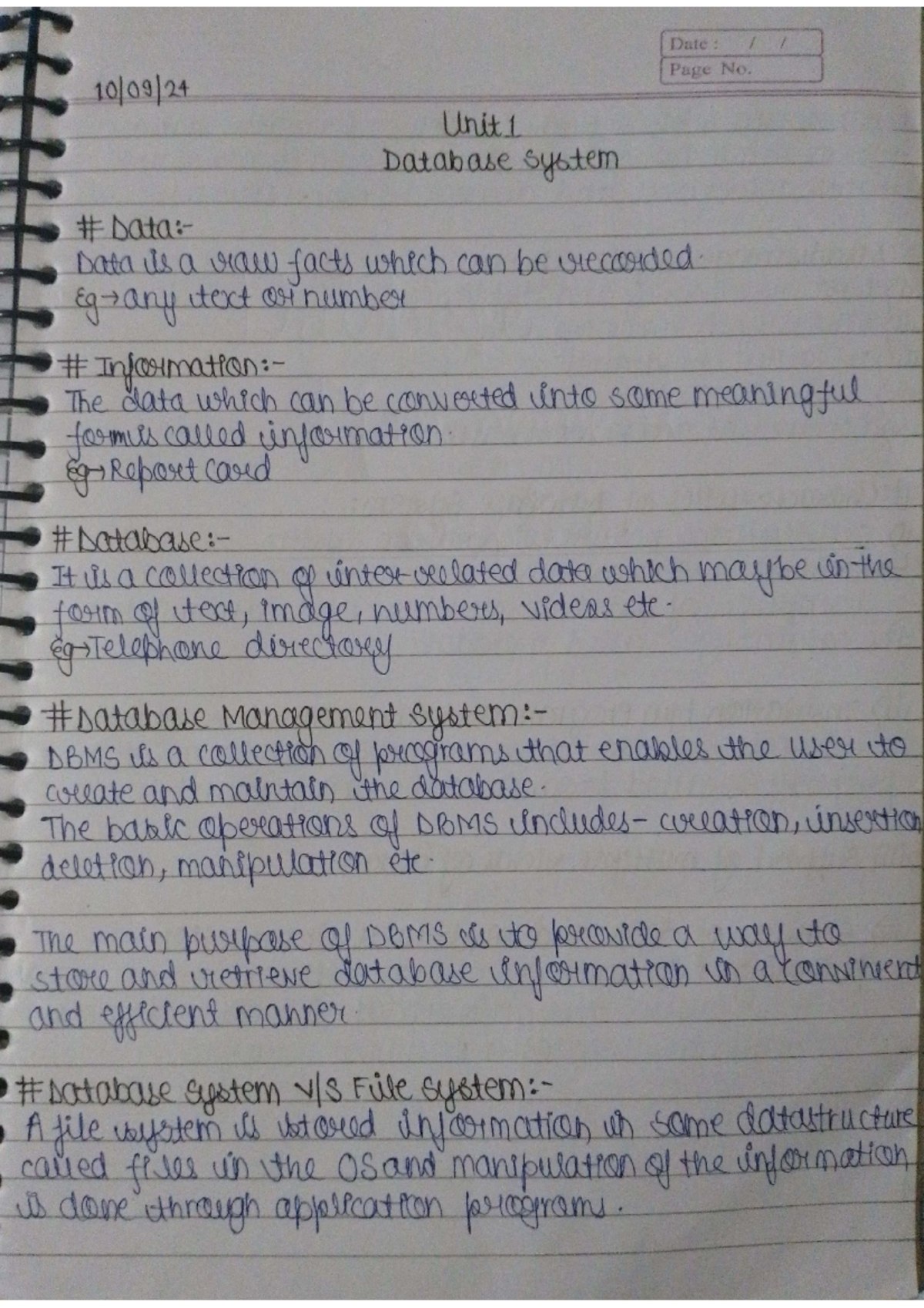DBMS Unit 1 - best notes - Date : Page No. Unit 1 Database system Data ...