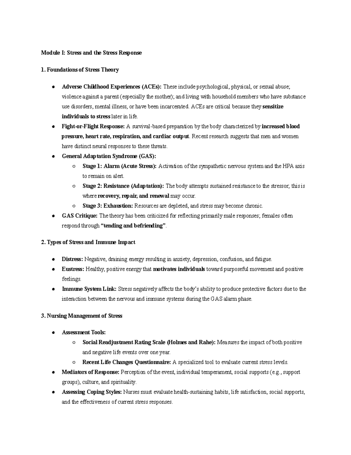 Module I: Stress and Response - Foundations & Nursing Management - Studocu