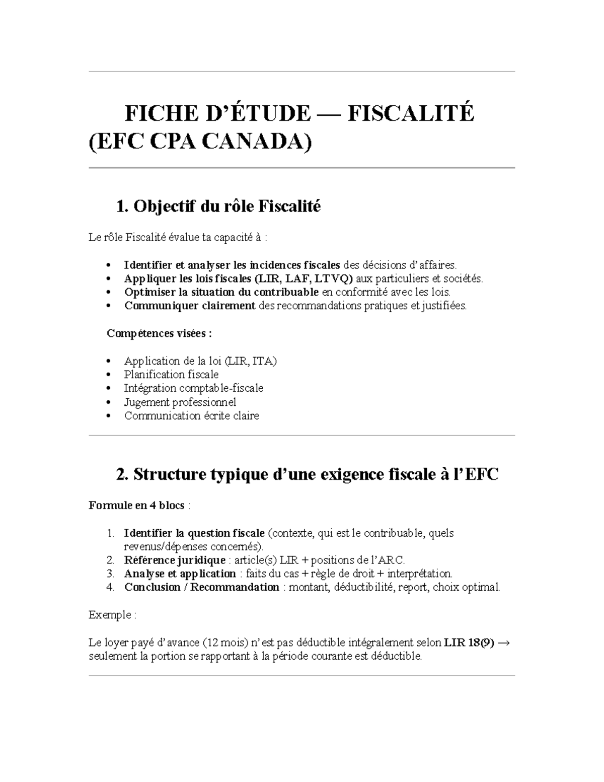 Fiscalité EFC CPA Canada - Guide de Révision et Stratégies - Studocu
