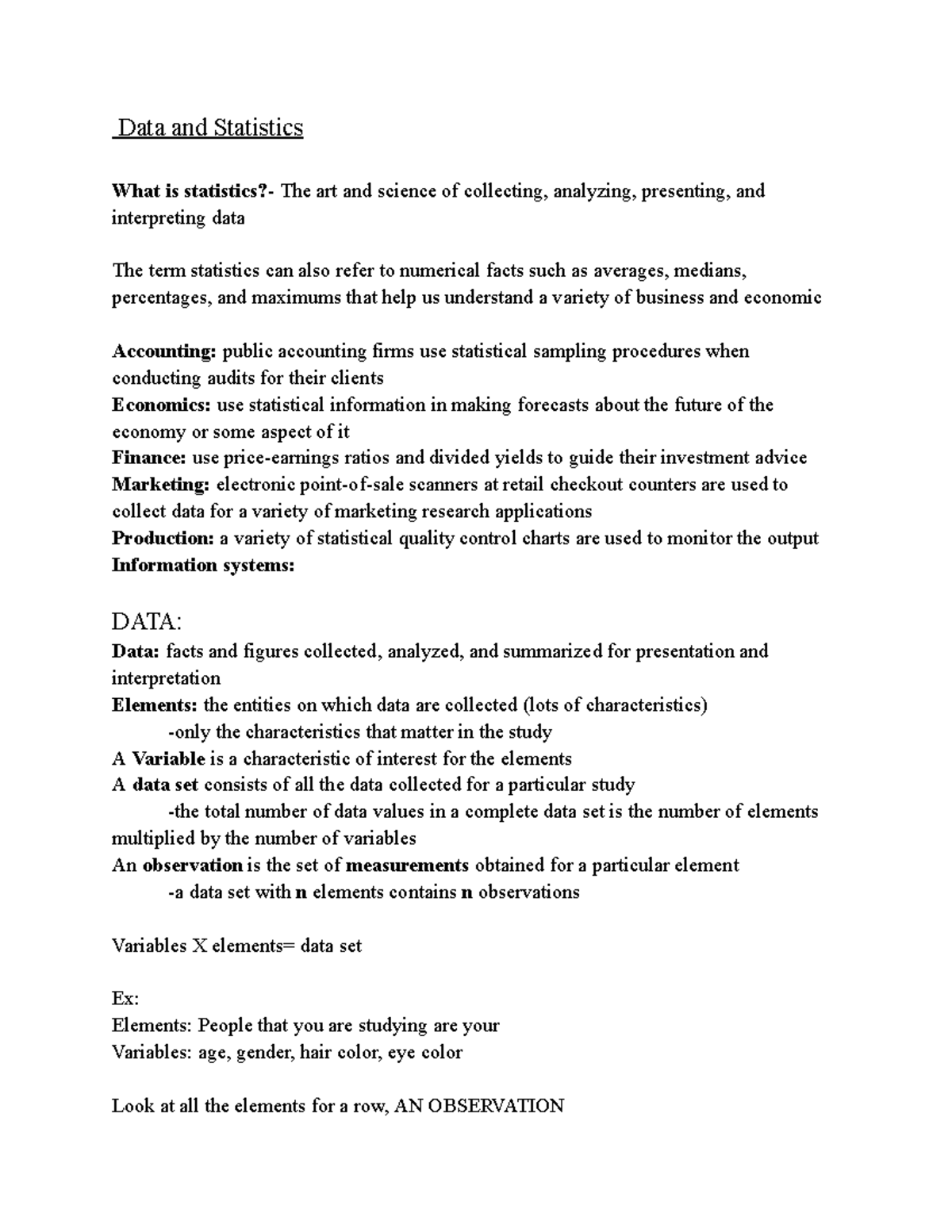 BUSN 203 - Chapter 1: Data and Statistics Lecture Notes - Studocu