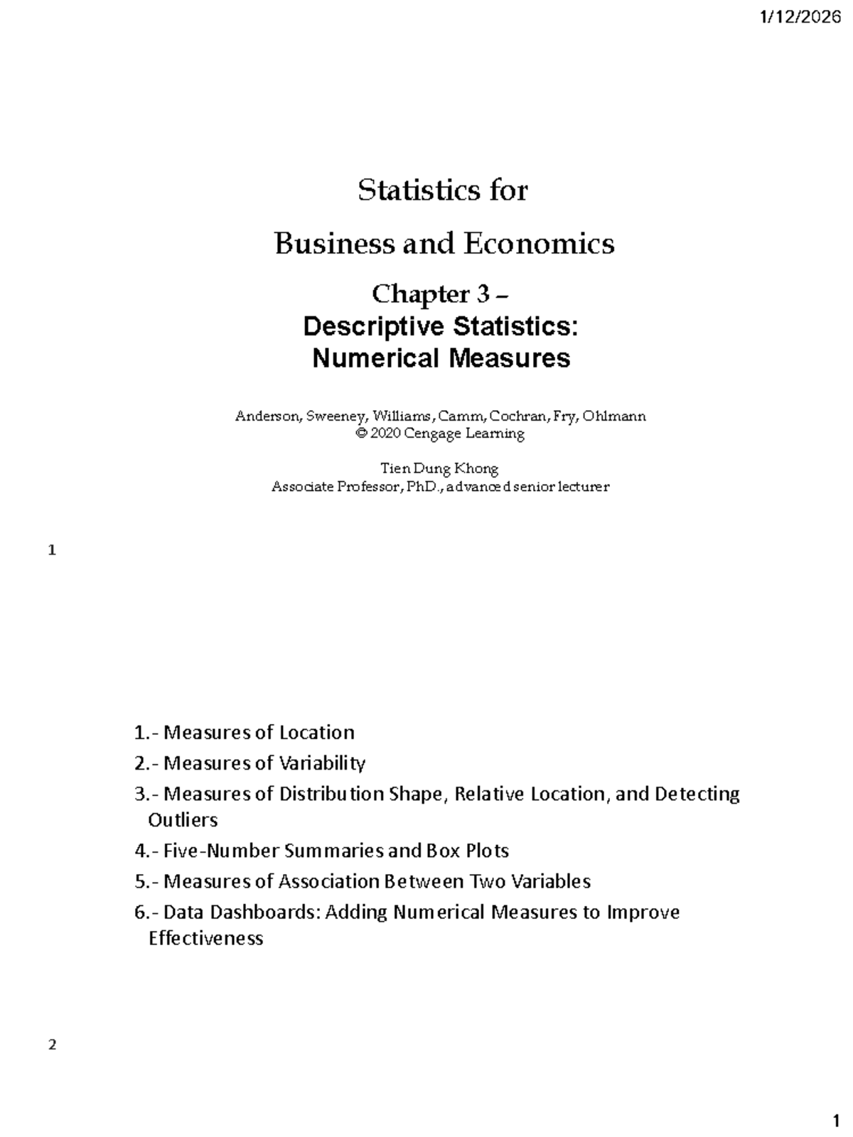 Statistics for Business and Economics KT110H Chapter 3: Descriptive ...