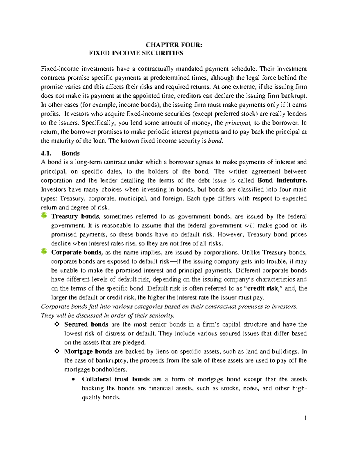 Chapter 4: Understanding Fixed Income Securities and Their Types - Studocu