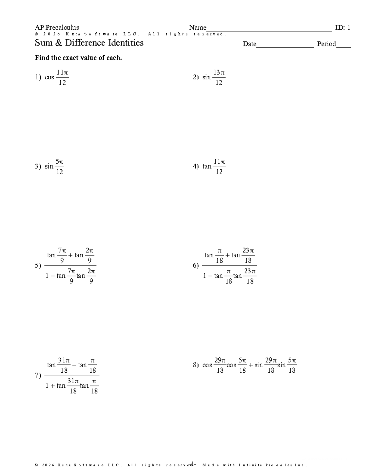AP Precalculus: Sum & Difference Identities Worksheet (S2 Day 18 HW ...