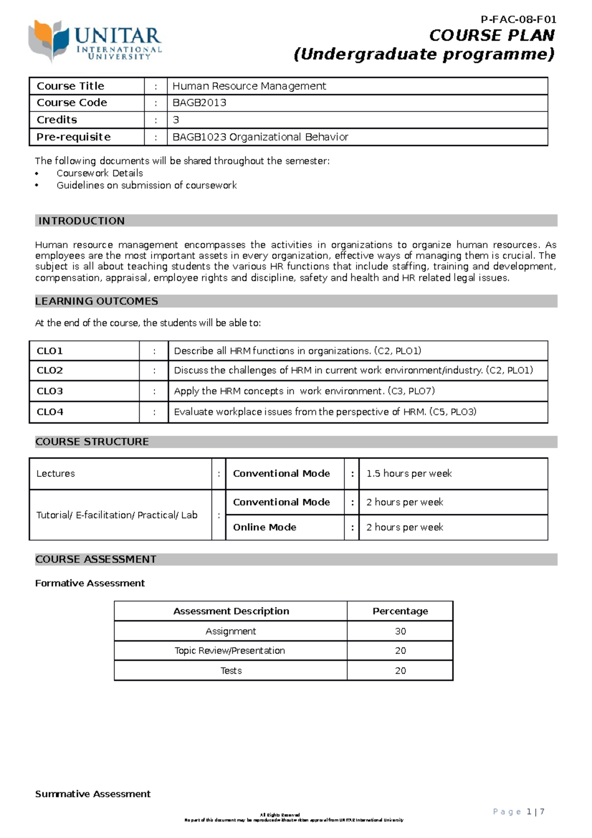 CP BAGB2013 Course Plan: Human Resource Management Overview - Studocu