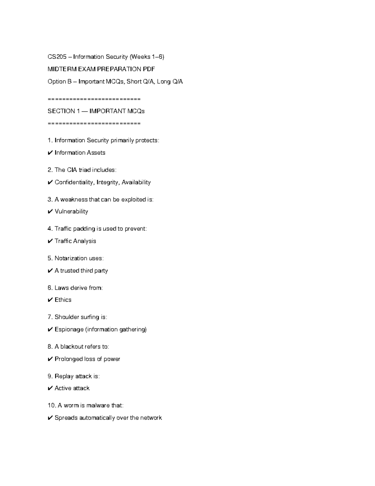 CS205 Information Security Midterm Exam Prep: Key MCQs & Concepts - Studocu