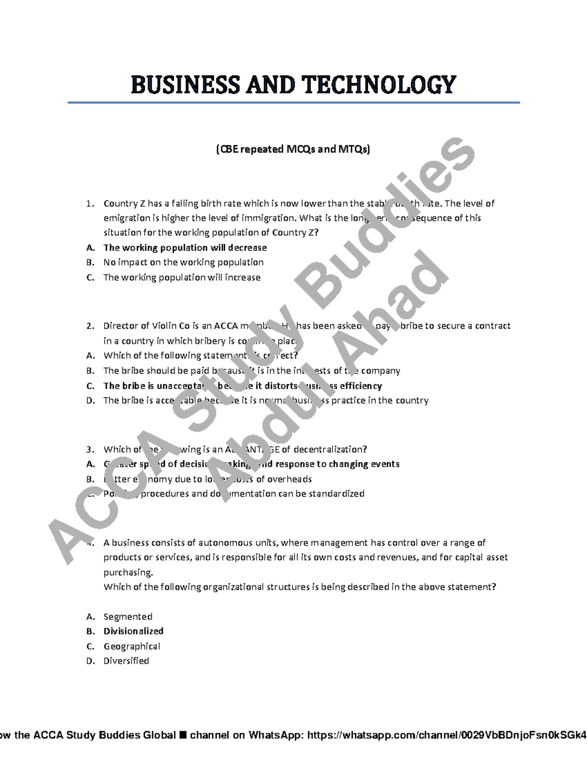 ACCA MA2 Study Notes: Repeated MCQs and MTQs Analysis - Studocu