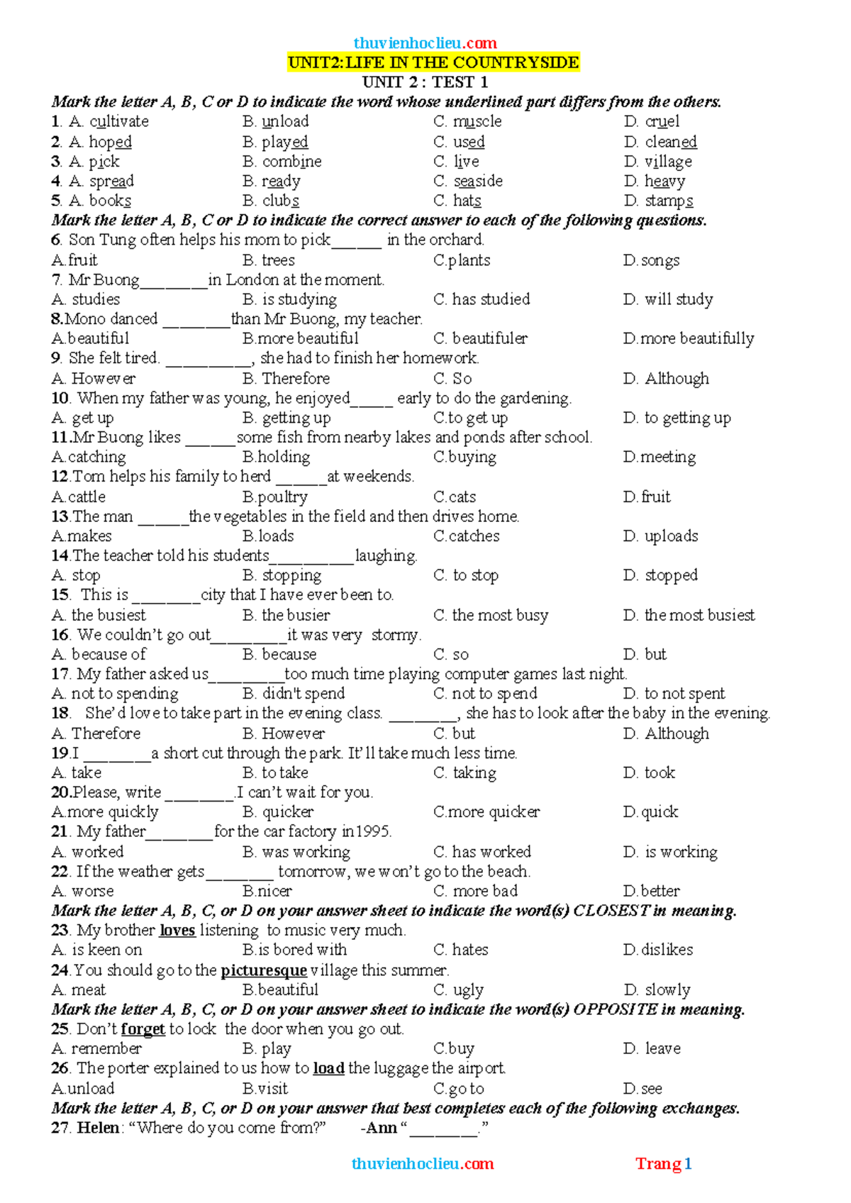 English Practice Grade 8: Unit 2 - Life in the Countryside Test 1 - Studocu