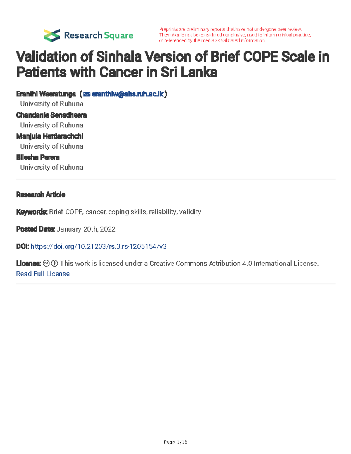 Validation of Sinhala Brief COPE Scale for Cancer Patients in SL - Studocu