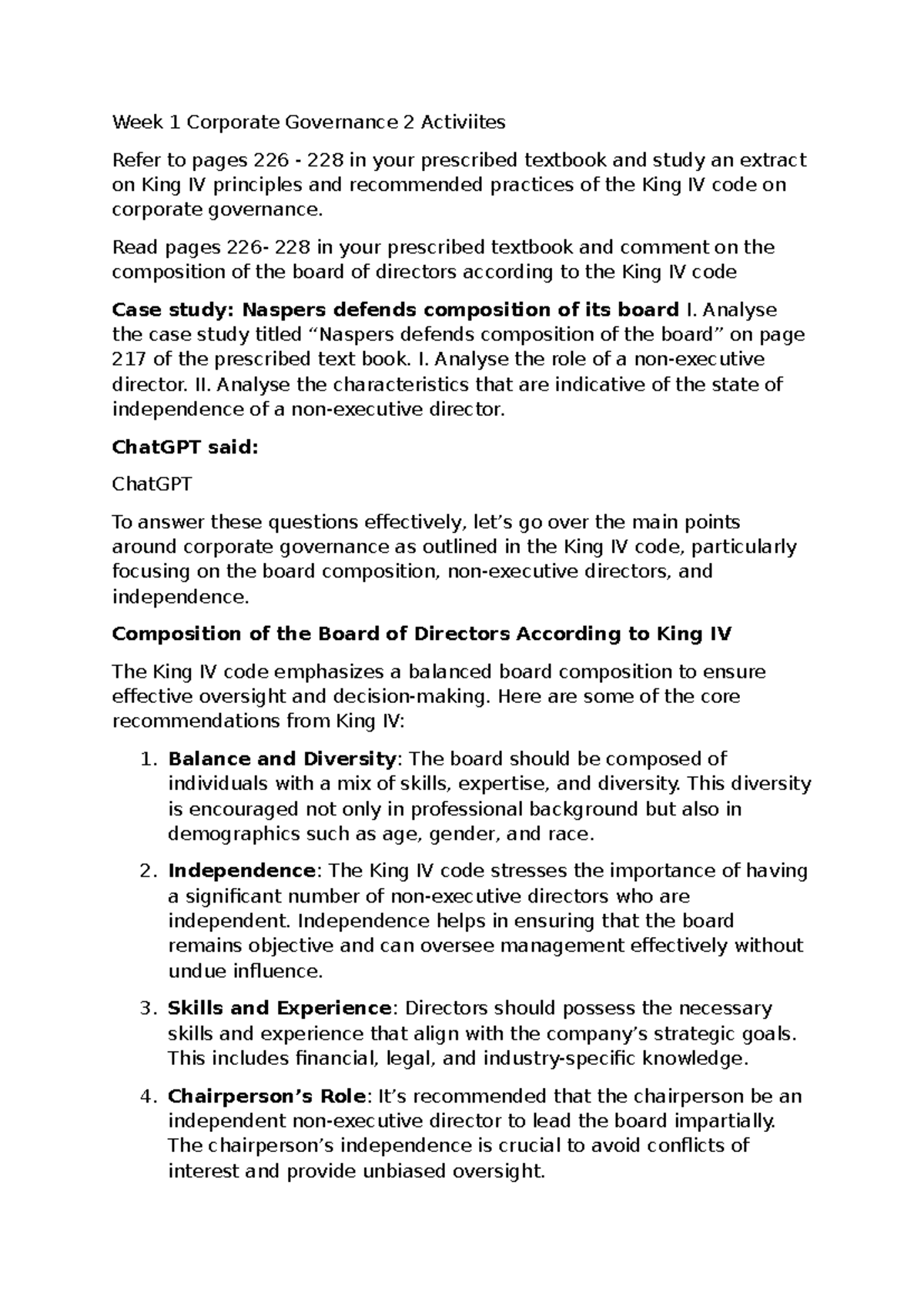 Week 1 Corporate Governance 2 Activities: King IV Principles & Naspers ...