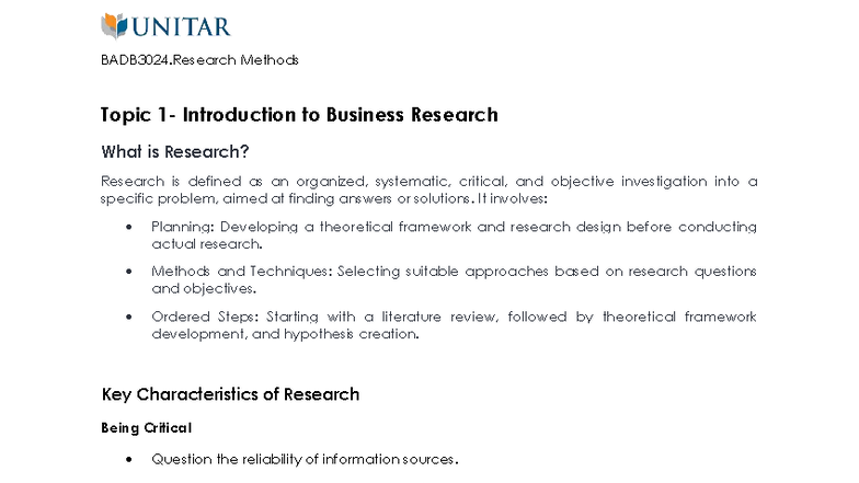 BADB3024 - Introduction to Business Research Methods Overview - Studocu