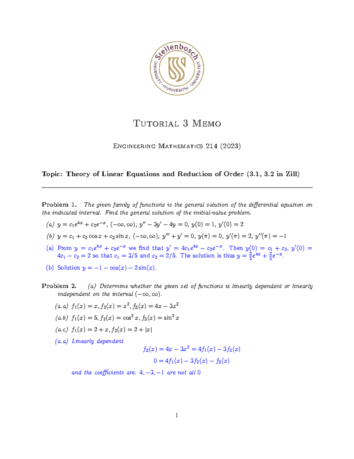 Tutorial 3 Memo - tut memo - Tutorial 3 Memo Engineering Mathematics ...