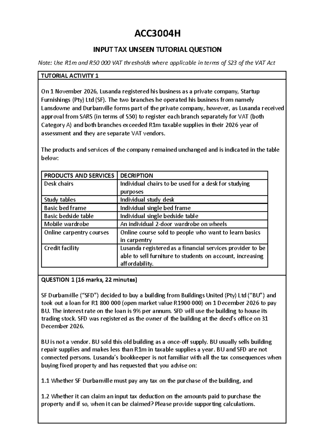 ACC3004H VAT UNSEEN TUTORIAL QUESTIONS & SCENARIOS - Studocu