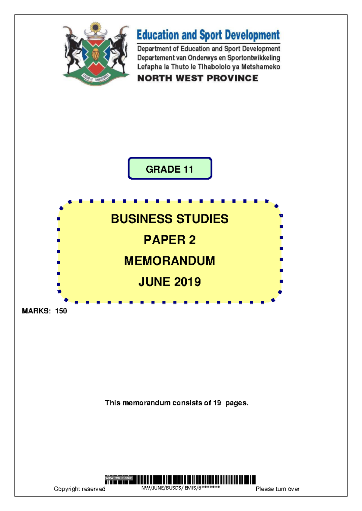 Business Studies Gr 11 June 2019 Paper 2 Memo Evaluation Guide - Studocu