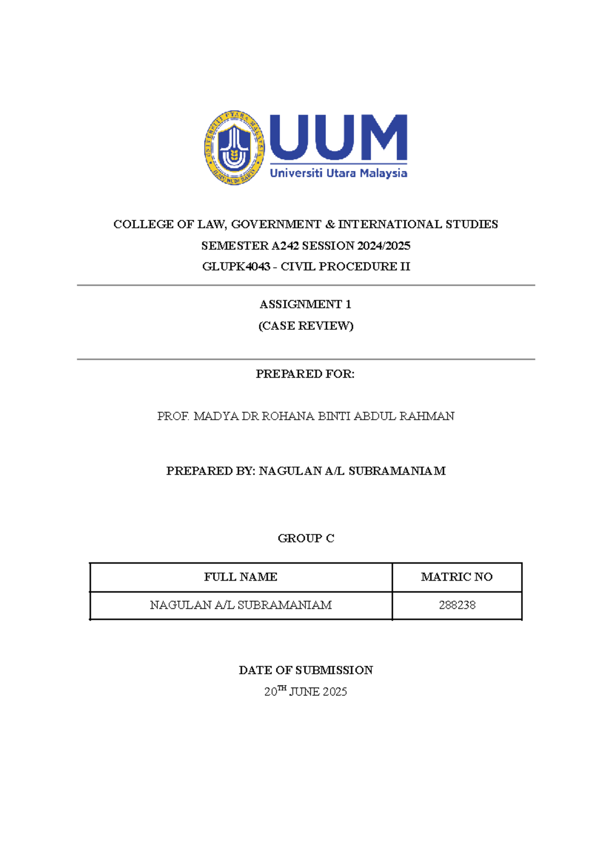 GLUPK4043 Civil Procedure II Assignment 1: Case Review Analysis - Studocu