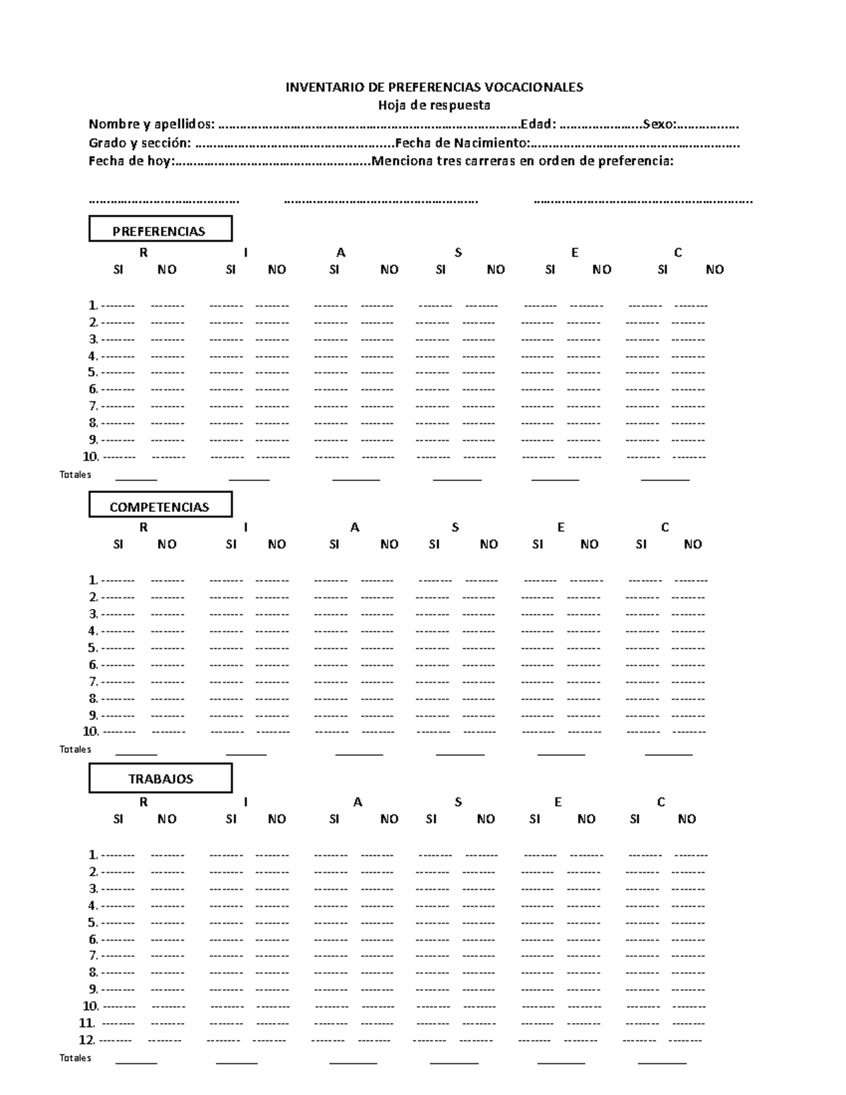 Hoja de Respuesta para el Test de Holland - Inventario Vocacional - Document Preview