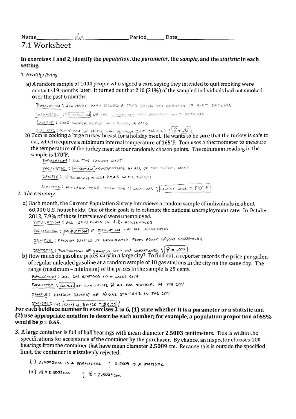 7.1 Worksheet Answer Key: Population, Parameter, Sample, and Statistic ...