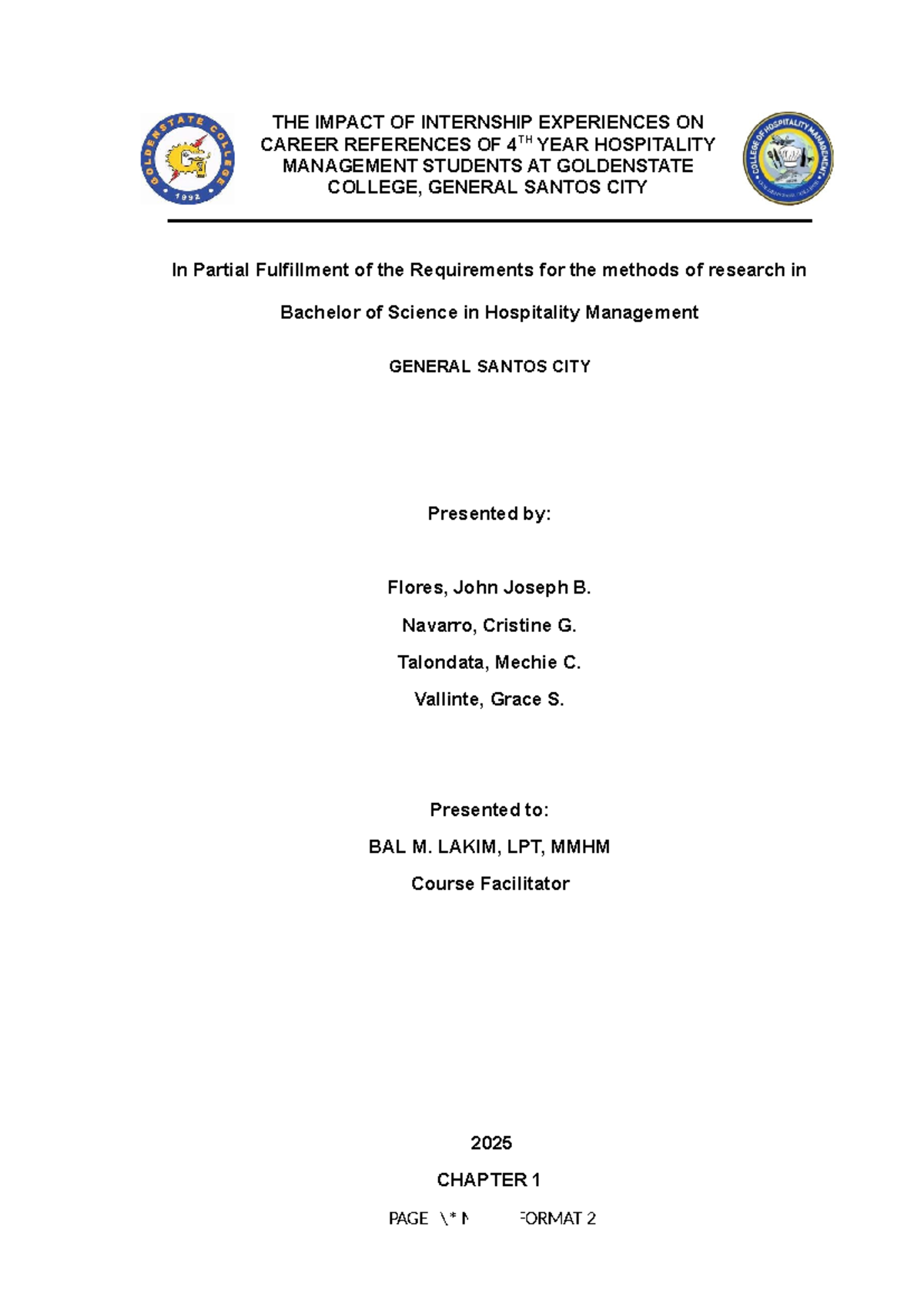 Impact of Internship on Career Preferences of 4th Year BSHM Students at - Document Preview