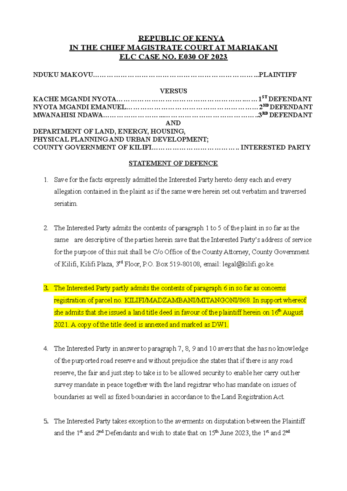Defence Statement for Interested Party in ELC Case No. E030 of 2023 ...