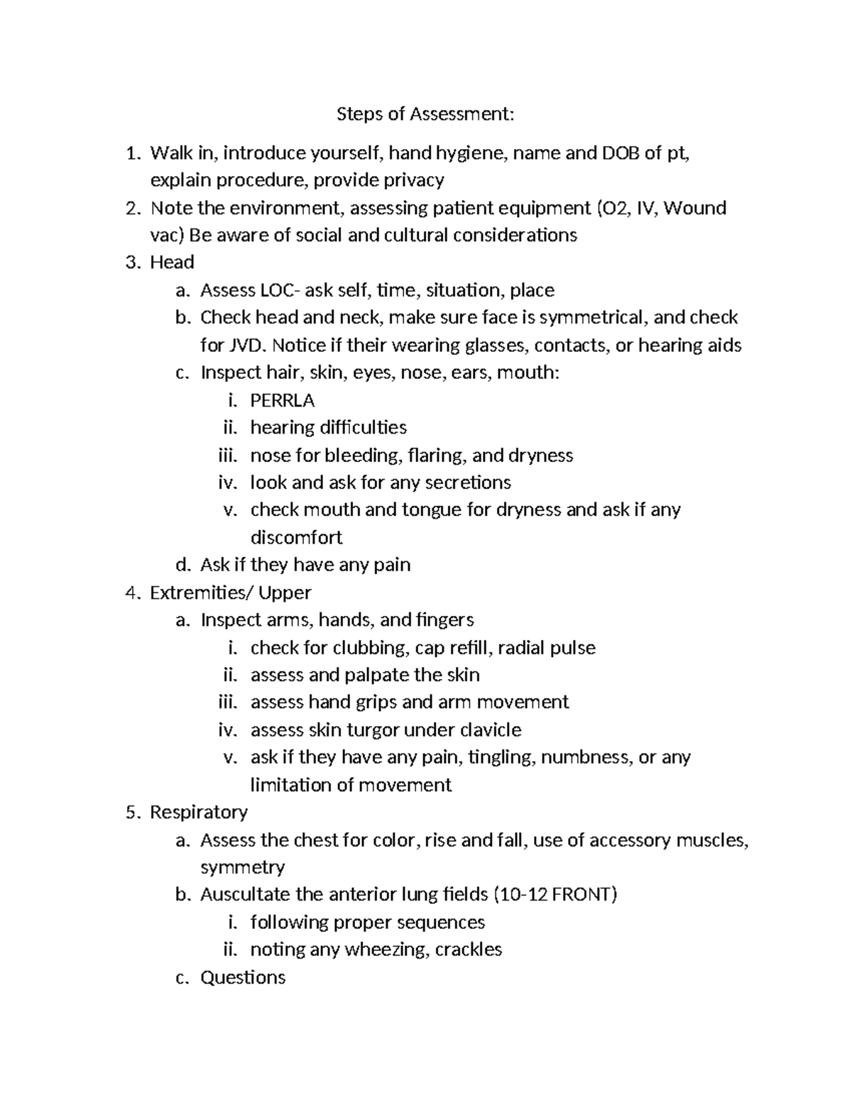 Comprehensive Head to Toe Assessment Guide for Clinical Practice - Studocu