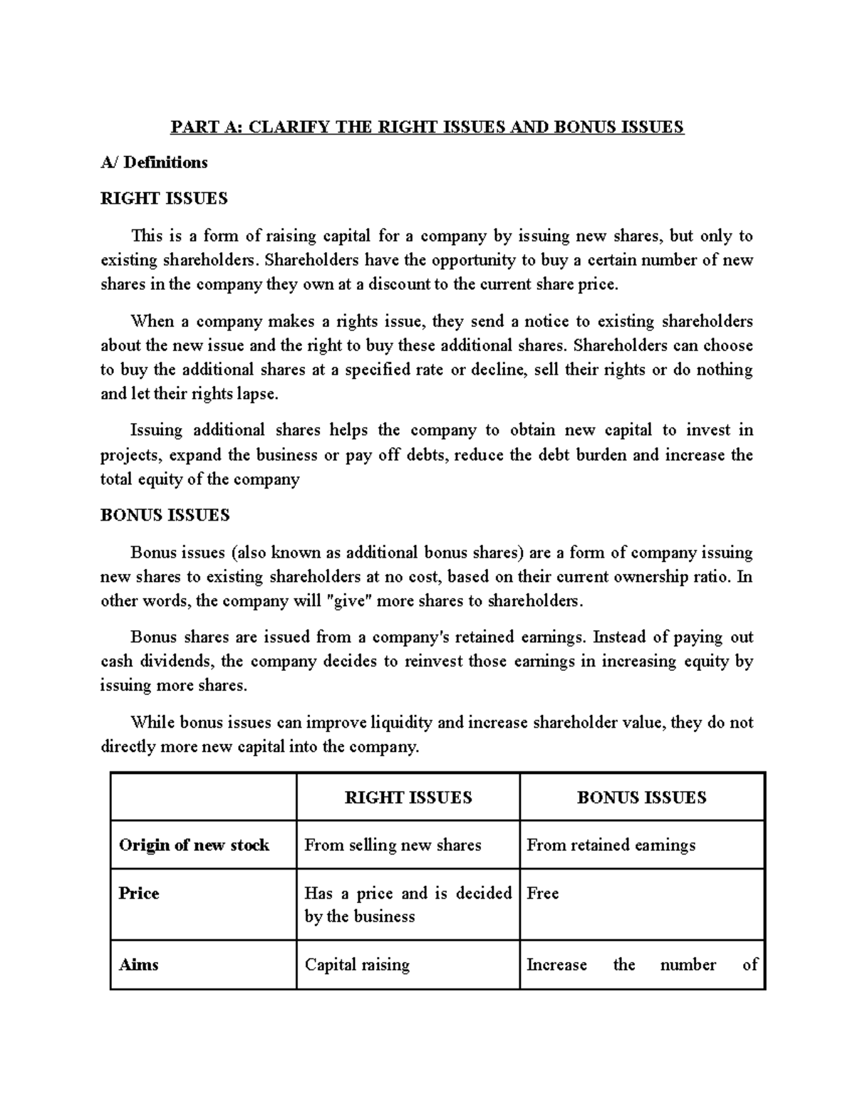 PART A & B: Rights Issues, Bonus Issues, and Financial Ratios Analysis ...