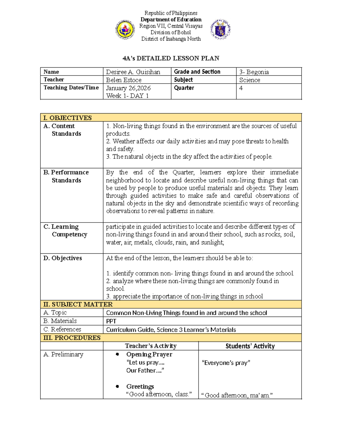 Detailed Lesson Plan for Science 4 (Desiree A. Guisihan) - Studocu