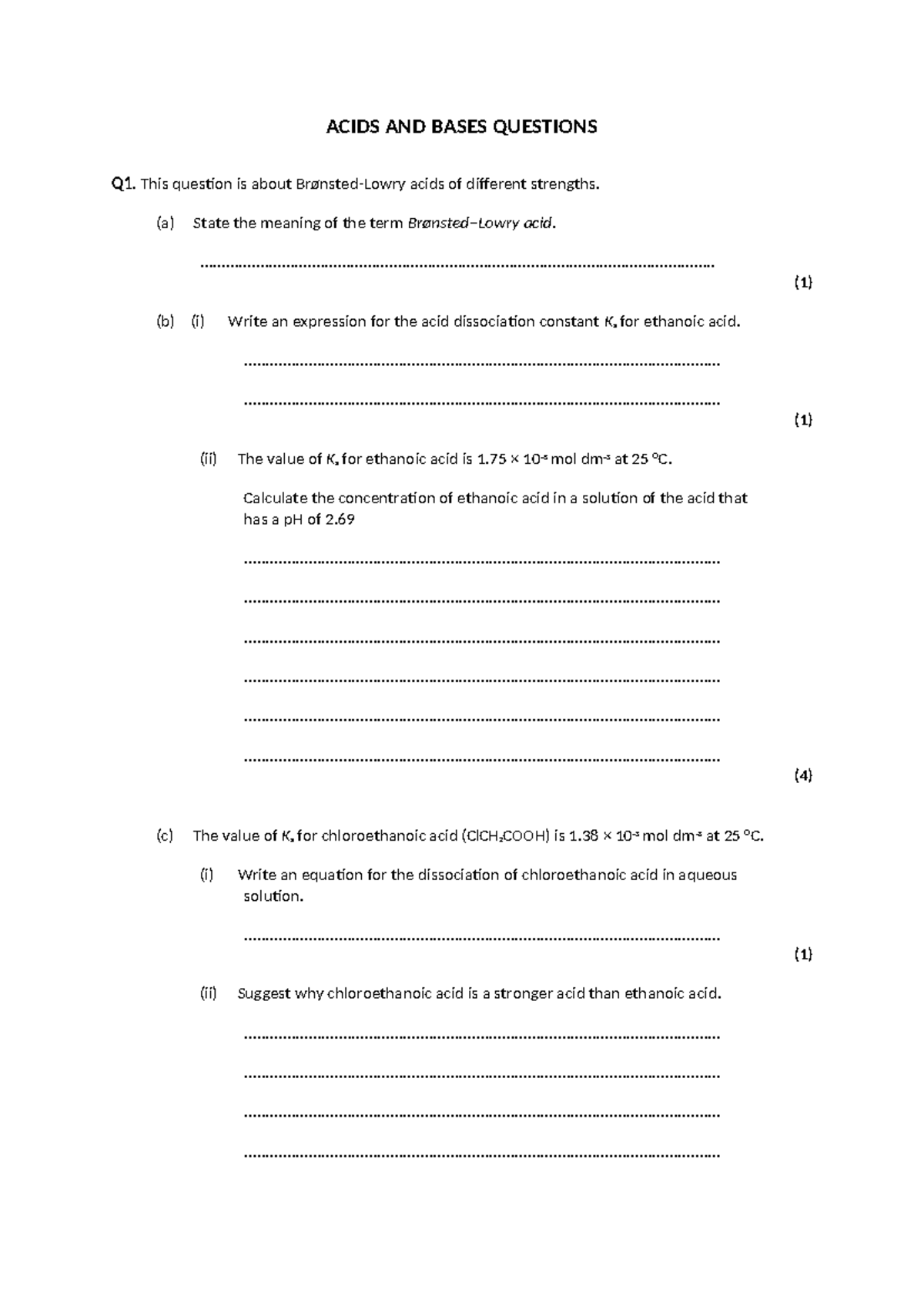 Acids and Bases Exam Questions (Chem 101: Final Exam) - Studocu