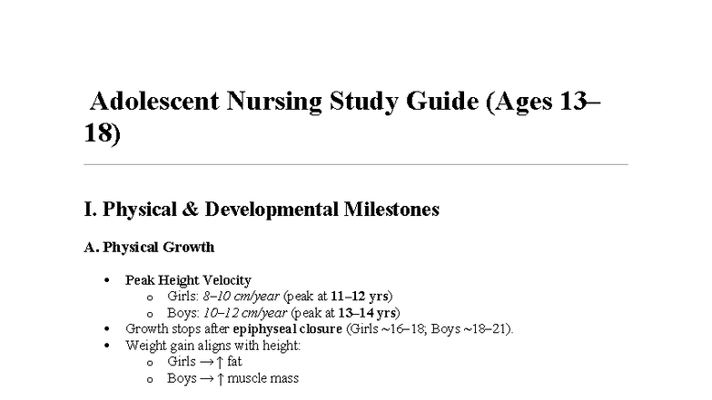 Adolescent Nursing Study Guide (Ages 18): Development & Mental Health ...