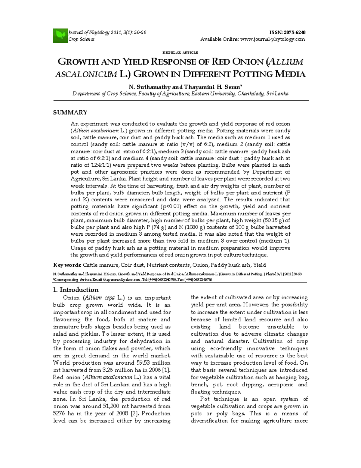 Growth and Yield Response of Red Onion in Various Potting Media (Crop ...