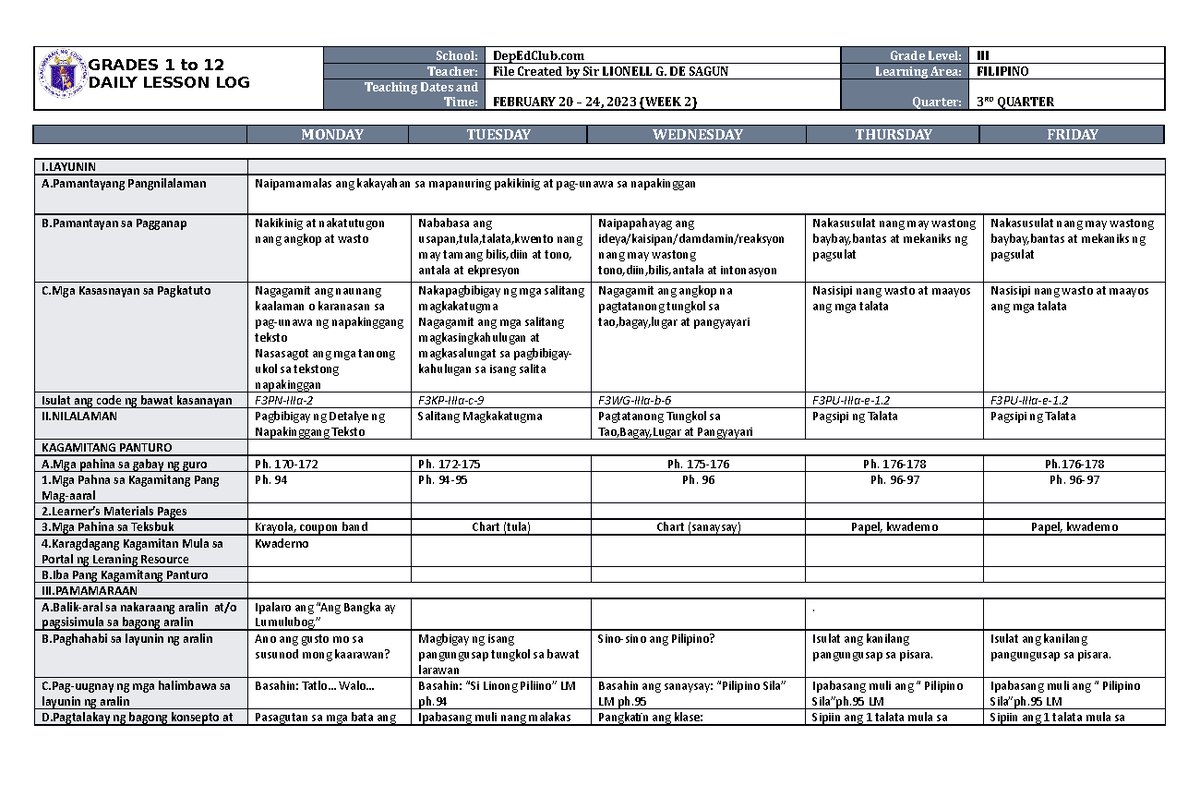 DLL Filipino 3 Q3 W2 - ... - GRADES 1 to 12 DAILY LESSON LOG School ...