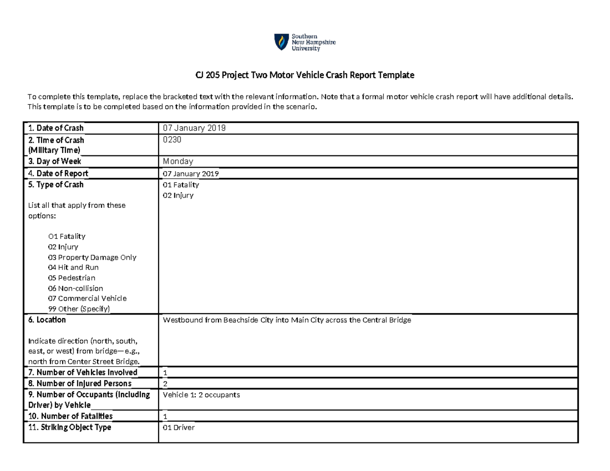 CJ 205 Project 2: Motor Vehicle Crash Report Template - Studocu