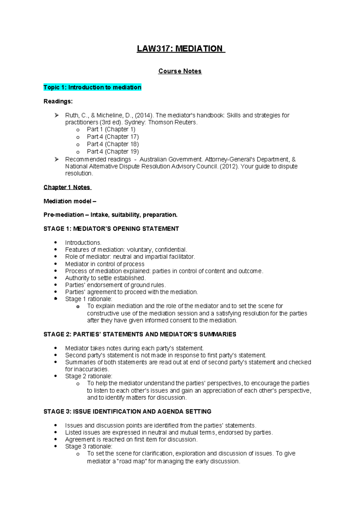 LAW317 - Mediation Course Notes and Overview by Paige Moore - Studocu