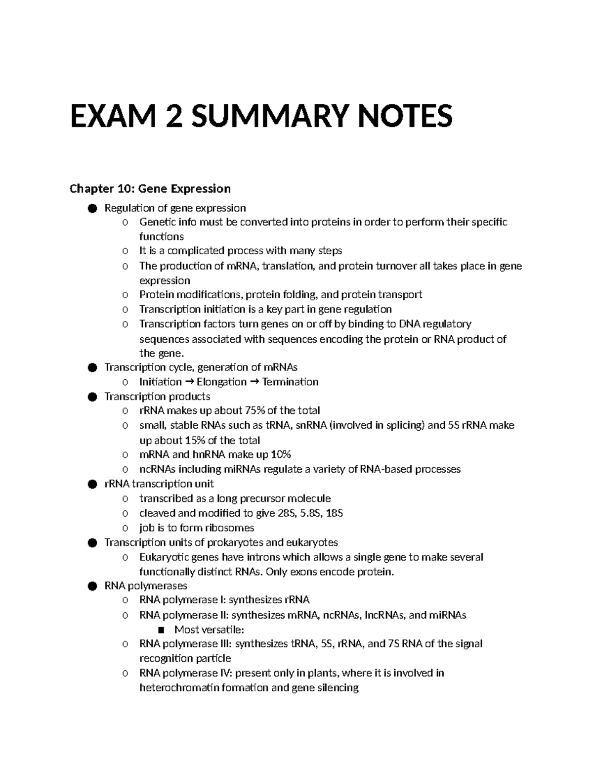 Practice material part 2 - EXAM 2 SUMMARY NOTES Chapter 10: Gene ...