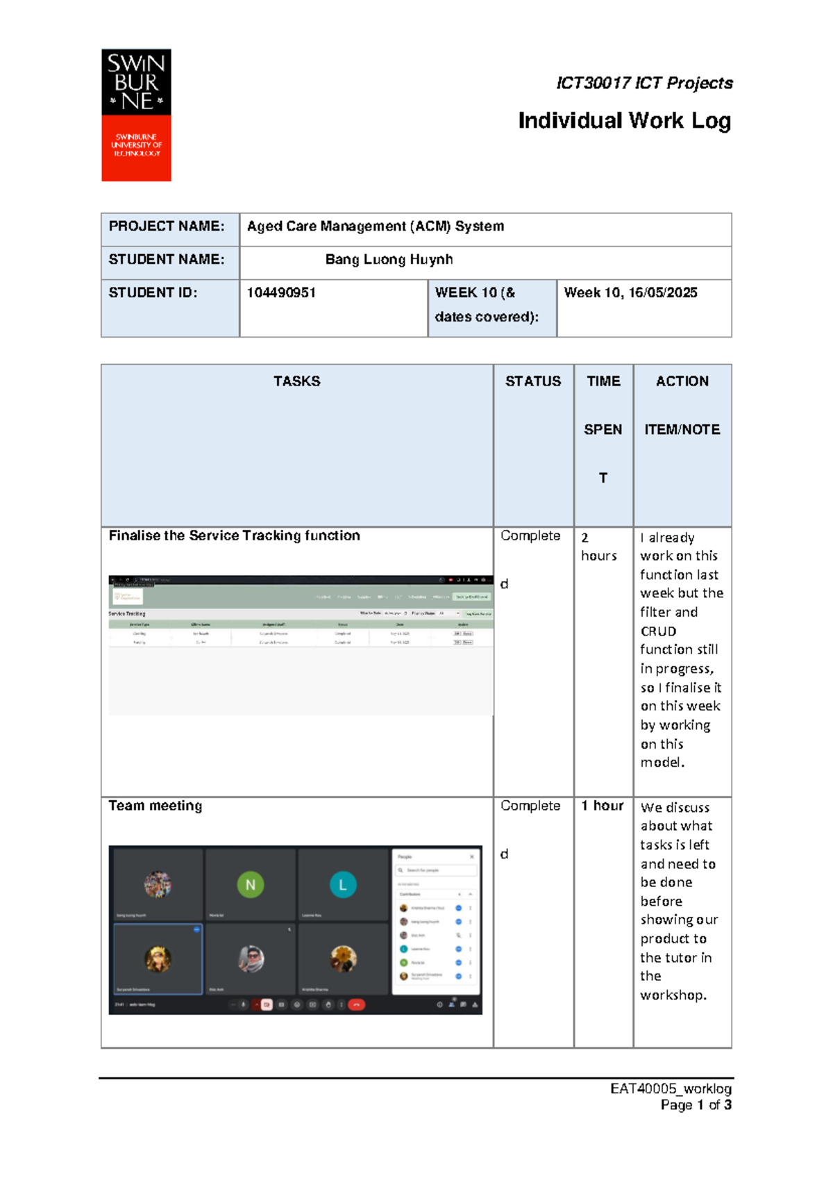 ICT30017 Project Work Log: Aged Care Management System - Week 10 - Studocu