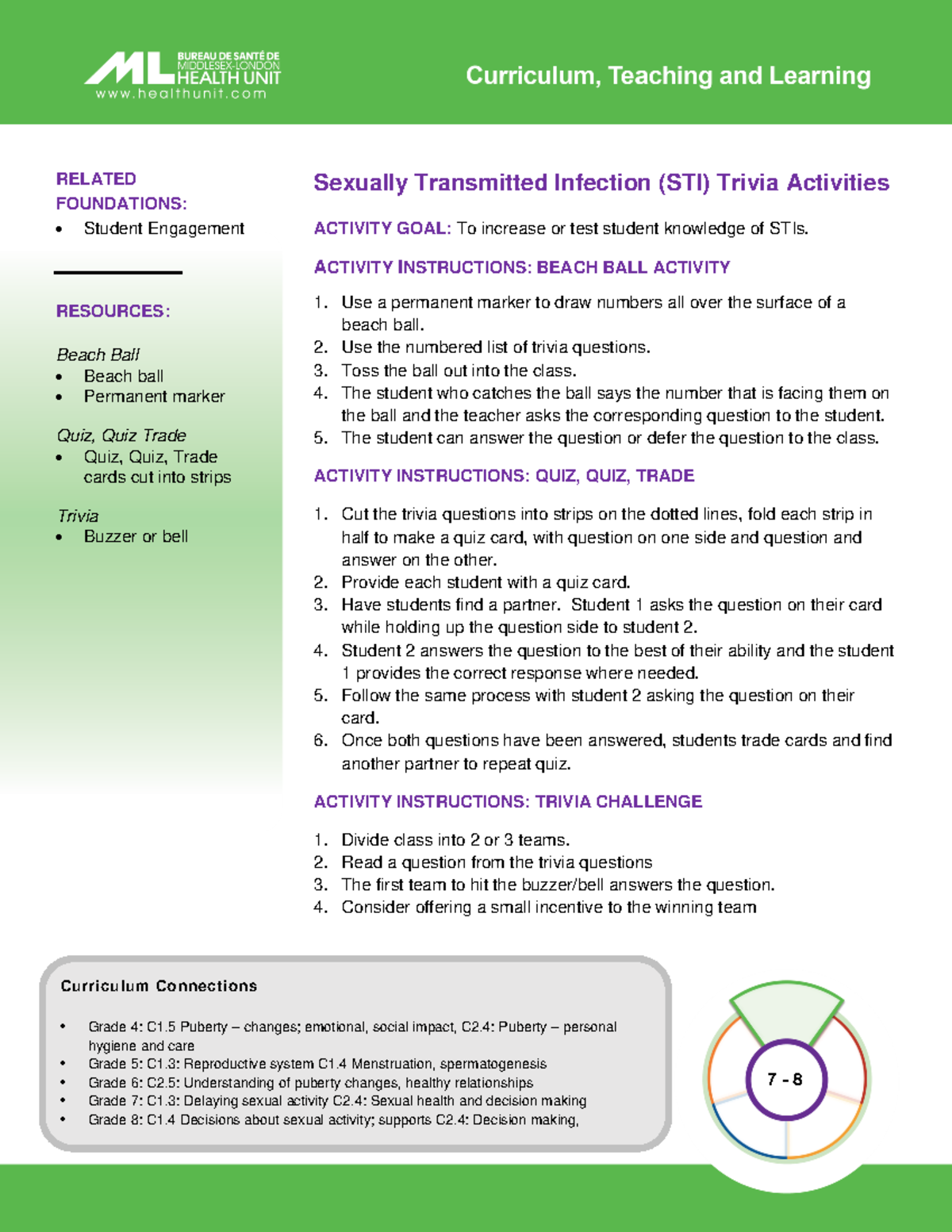 Grade 7-8 STI Trivia Activities: Engaging Students in Sexual Health ...