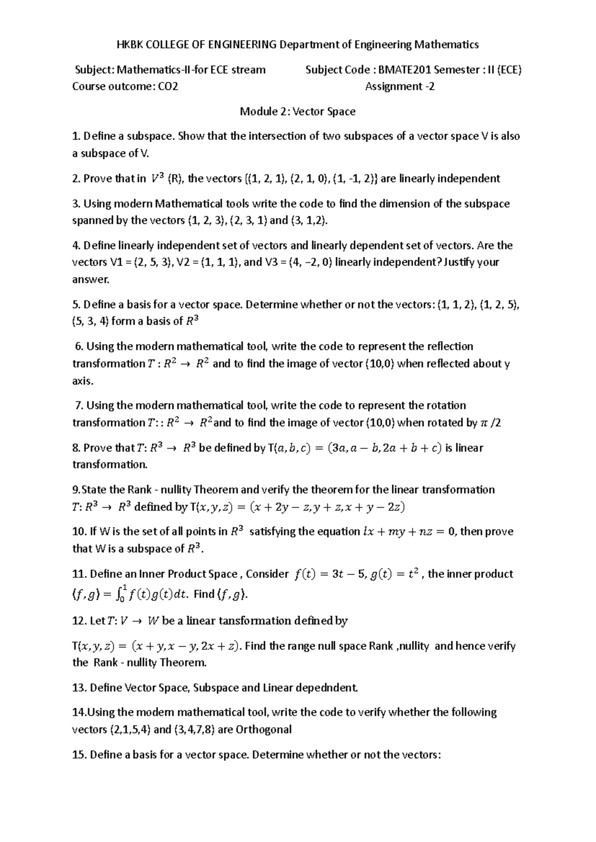 Assignment 2: Vector Space Concepts and Linear Transformations ...
