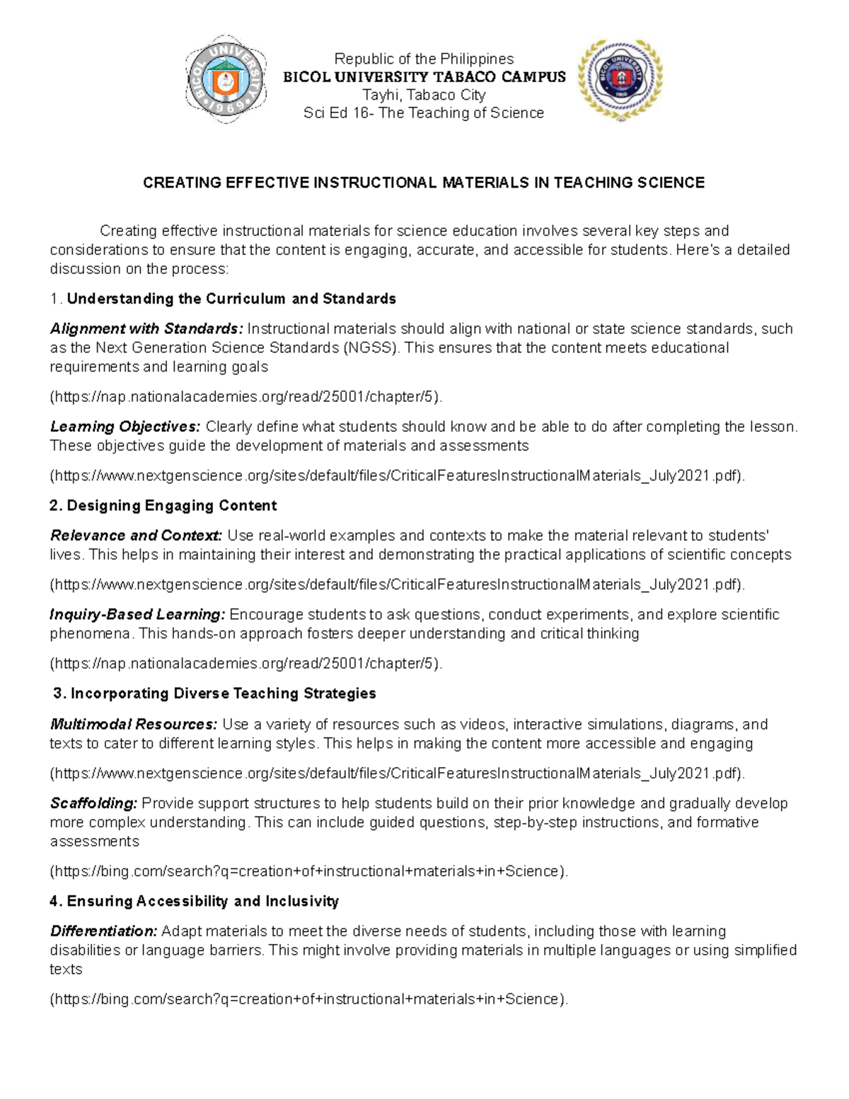 Lecture Material SCI ED 16: Creating Effective Science Instructional ...