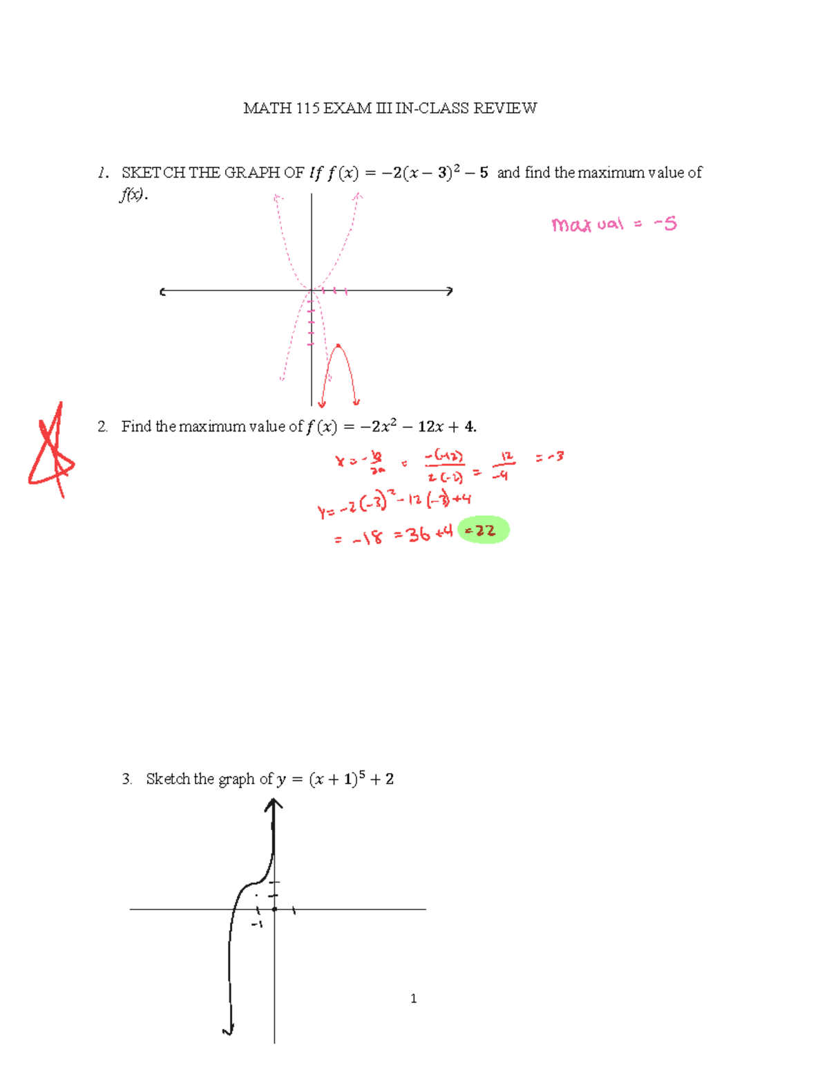 MATH 115 EXAM III REVIEW: Graphs, Max Values, and Functions - Studocu