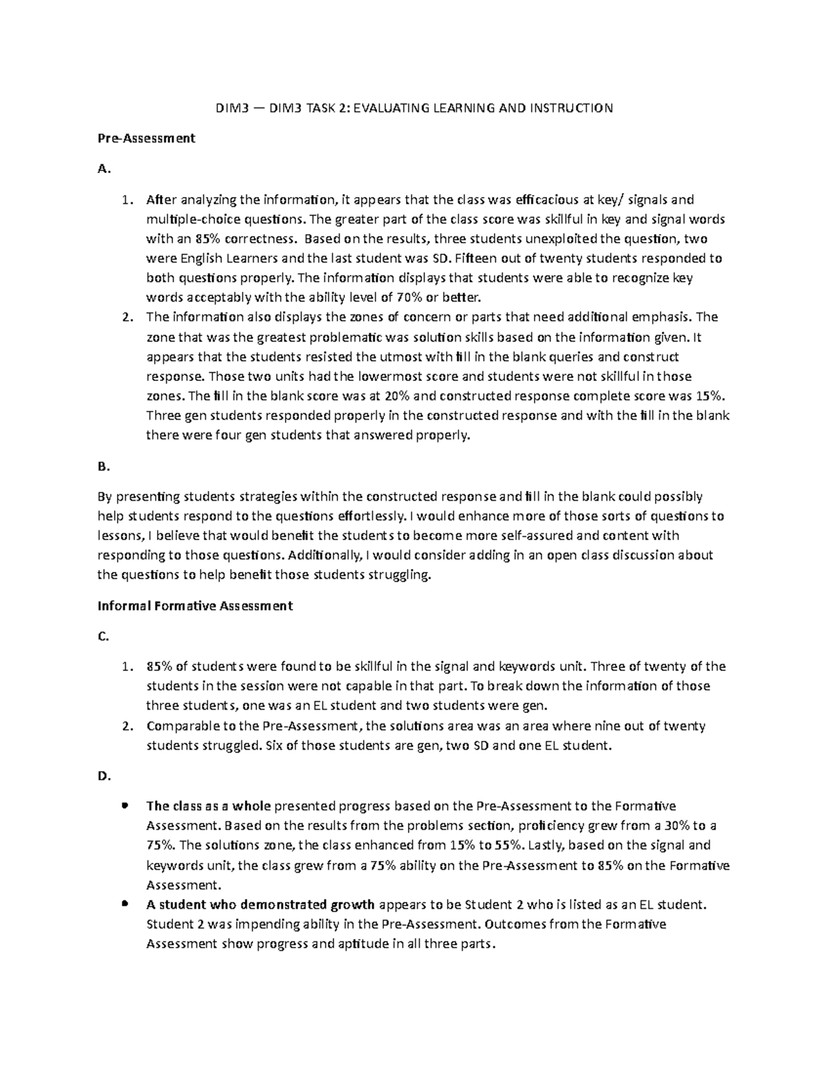 D093 Task 2: Evaluating Learning & Instruction Assessment Results - Studocu
