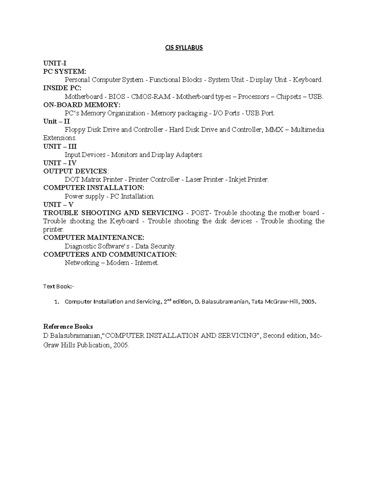 CIS syllabus: Overview of personal computer systems and components ...
