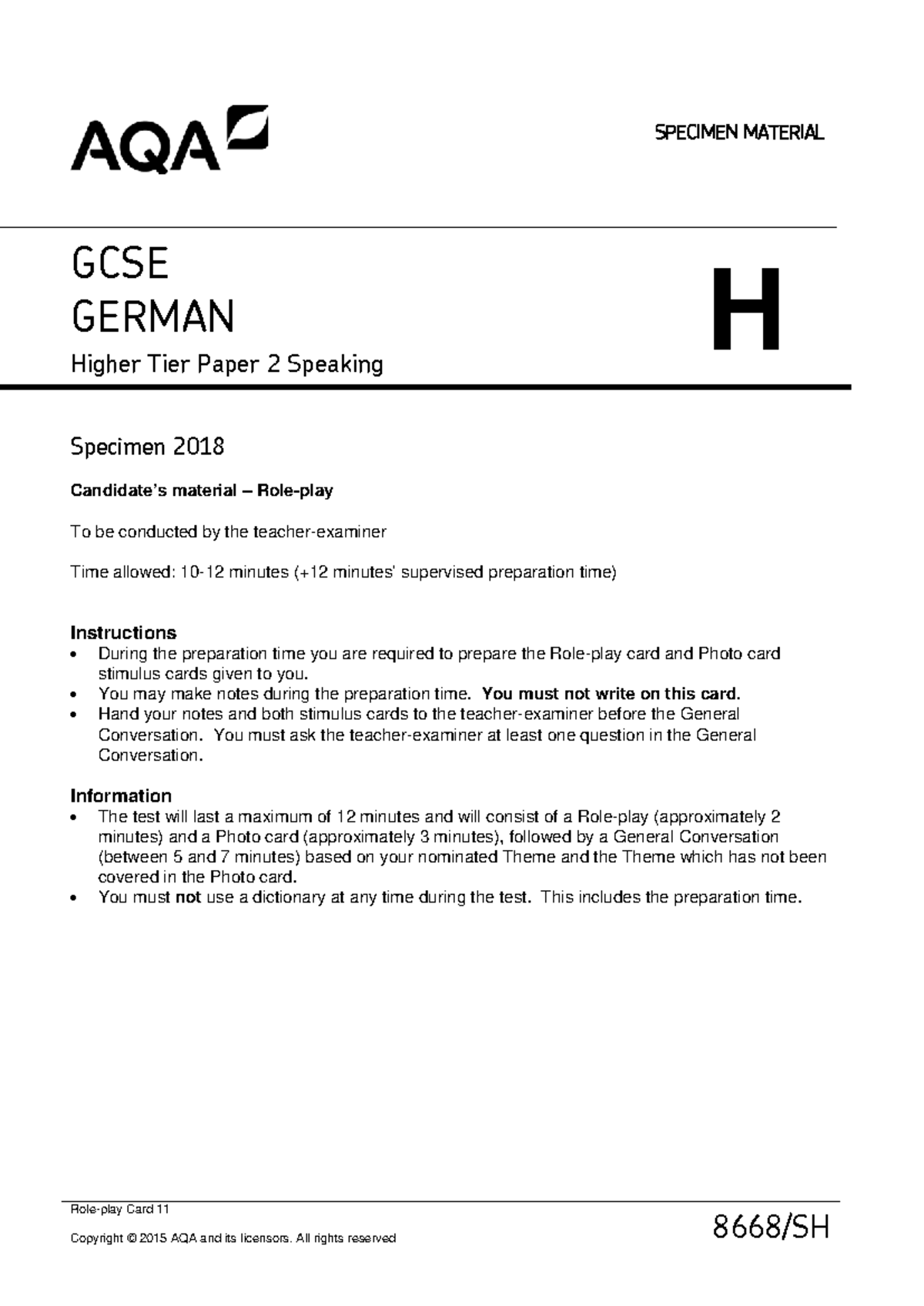 GCSE GERMAN Higher Tier Paper 2 Speaking Role Play Card 11 - Studocu