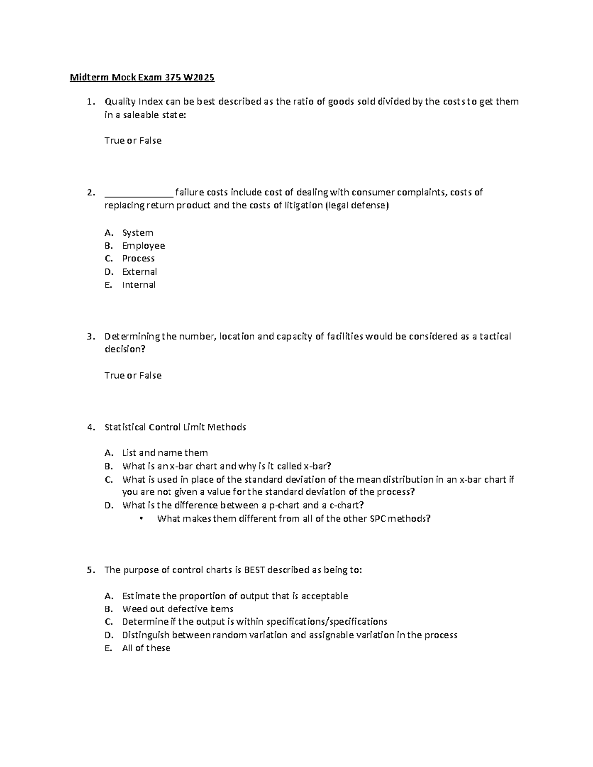 Midterm Mock Exam 375 W2025: Quality Control Concepts and Applications ...