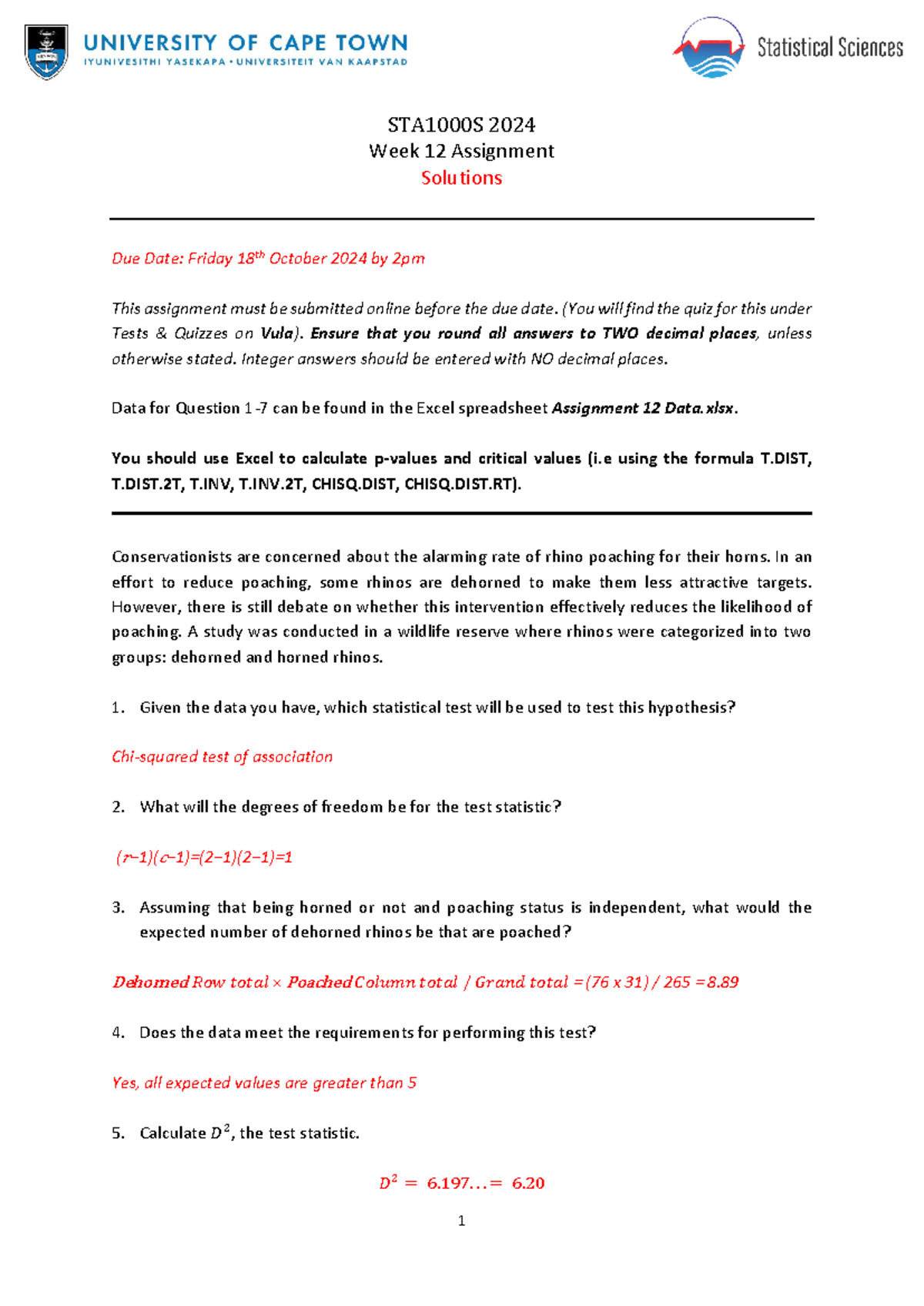 STA1000S 2024 Week 12 Assignment 12 Solutions and Analysis - Studocu