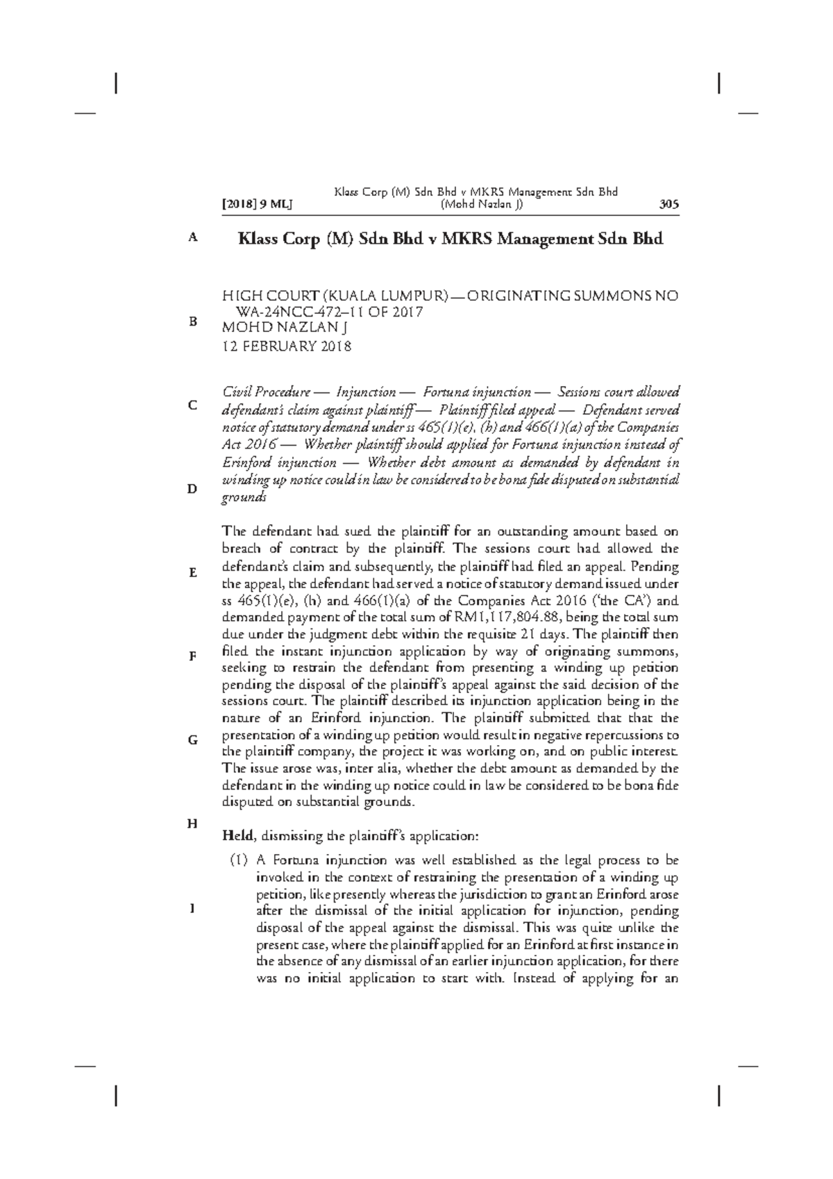 Klass Corp (M) Sdn Bhd v MKRS Management Sdn Bhd: Fortuna Injunction ...